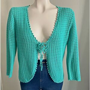 Vintage Y2K Turquoise Crochet Tie Front Cardigan Coquette Knit Top S
